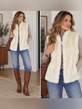 White House Black Market Faux Fur Vest Cream Ivory Size M
